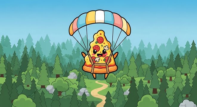 Animated pizza slice with a parachute floats over a forest path toward an undefined destination. Clear blue sky in the backdrop