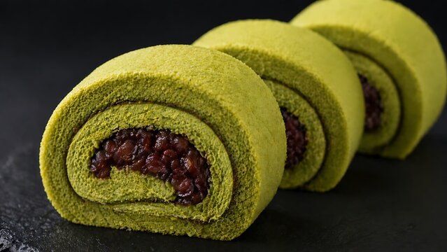 Close up of soft green roll cake slices with small beaf filling on dark background.