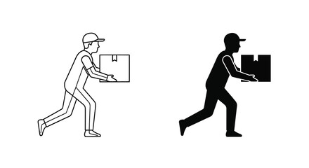 Fototapeta premium A simple black and white illustration depicts a delivery person carrying a rectangular package shown in two variations