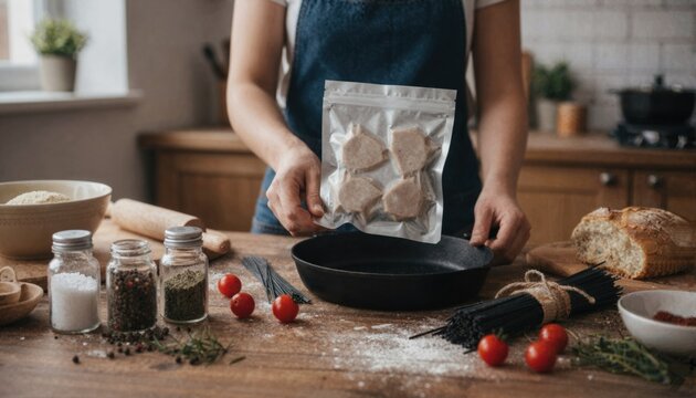 Couple cooking duck escalopes in home kitchen