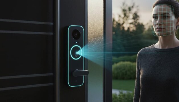 Modern smart home entrance with facial recognition lock and secure access system at night
