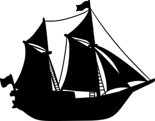 A solid black silhouette of a magnificent sailing vessel, perfect for designs related to maritime history, exploration, and adventure. © Pratama