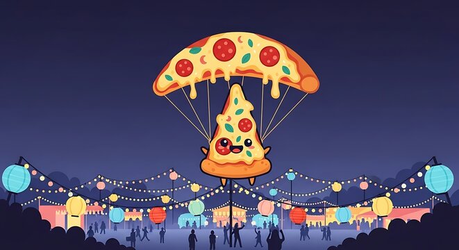 Animated pizza slices, one with a parachute, float over a vibrant night festival with lights, crowd, and festive atmosphere