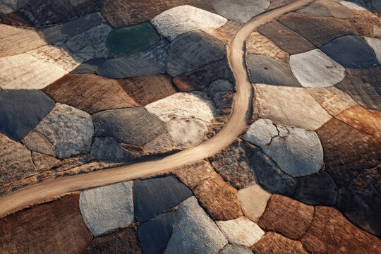 Aerial view of winding dirt road through agricultural patchwork landsc