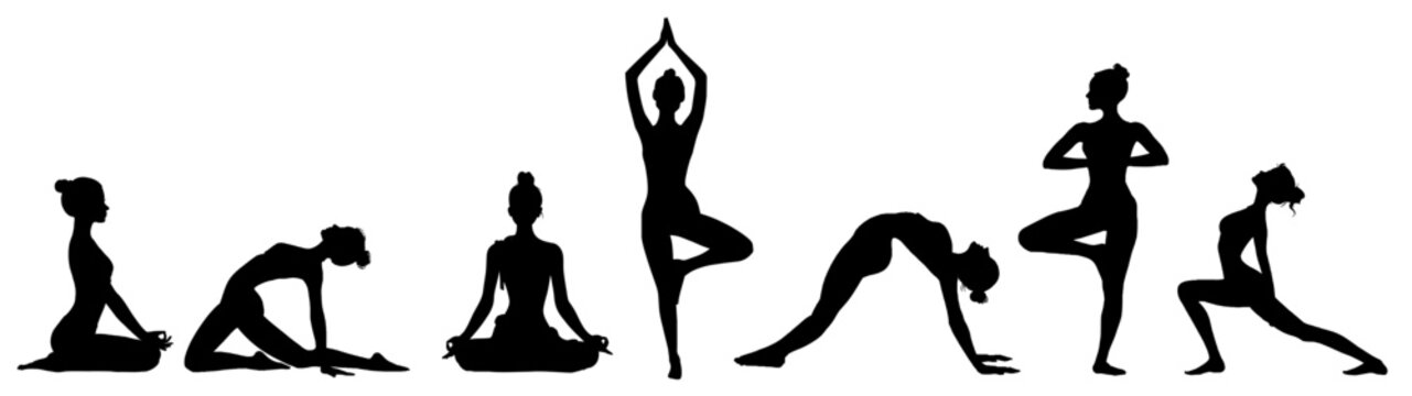 International Yoga Day Illustration - Set collection of black silhouette of women in different yoga posture, isolated on transparent background