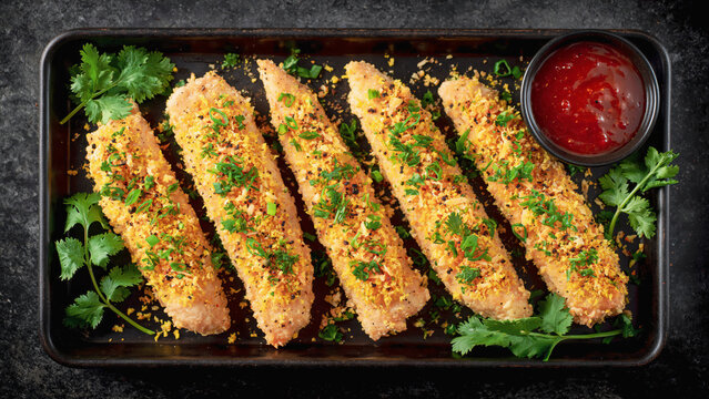Turmeric Chicken Tenders. Tossed with brown rice flour, turmeric, black pepper, and shredded coconut, then oven-baked and dipped in a spicy homemade sauce. Concept of menus for a game day.