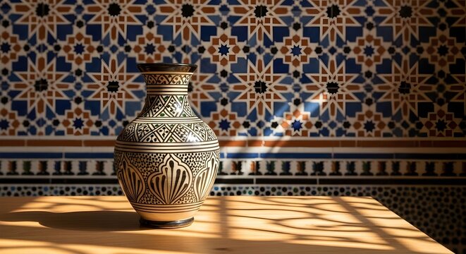 Traditional Moroccan ceramic vase with geometric patterns on a wooden table against a zellige mosaic tile wall with sunlight and shadows