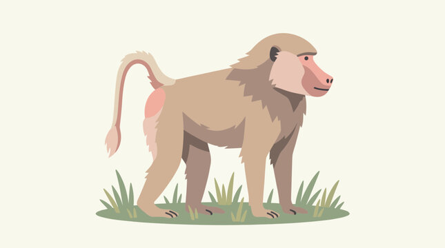 Baboon Illustration in Flat Vector Style Standing on Grass
