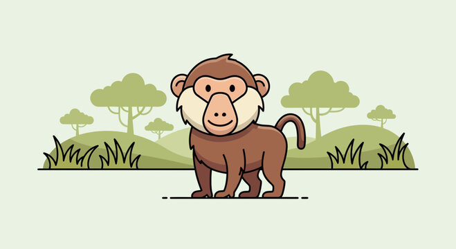 Cute Cartoon Baboon Character in Savanna Landscape Vector Art