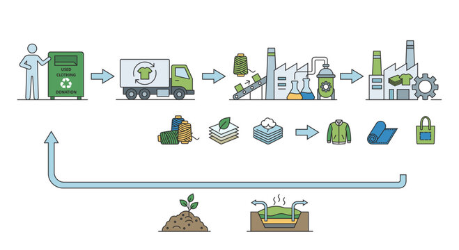 Sustainable textile industry infographic in flat line art style showing clothing recycling and circular fashion process without text