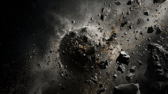 A large asteroid hurtles through the dark vastness of space surrounded by debris and rocky fragments