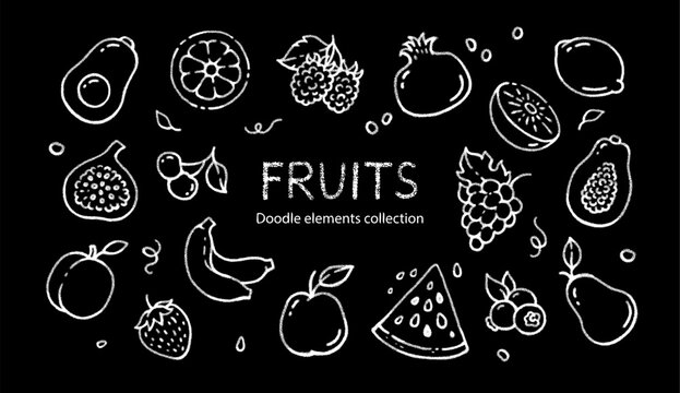 White chalk fruit icons on blackboard. Doodle crayon sketch of apple, banana, orange, watermelon, cherry and strawberry on black background, vector illustration