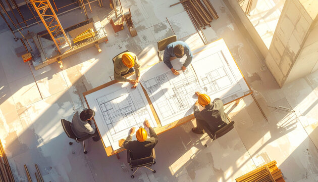 Construction Team Reviewing Architectural Blueprints