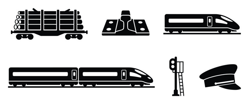 Essential train transport icons illustrating a freight wagon passenger railcar track signal and conductor cap