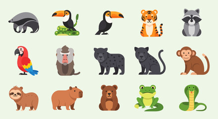 Fototapeta premium Set of Flat Vector Jungle and Wild Animal Illustrations