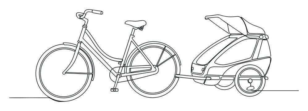 Line drawing of a bicycle pulling a child trailer, symbolizing family adventures and ecofriendly transport for everyday journeys