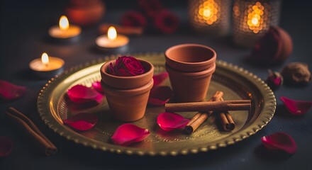 Fototapeta premium Golden brass tray with terracotta pots, red rose petals, and cinnamon sticks against a dark background with burning candles