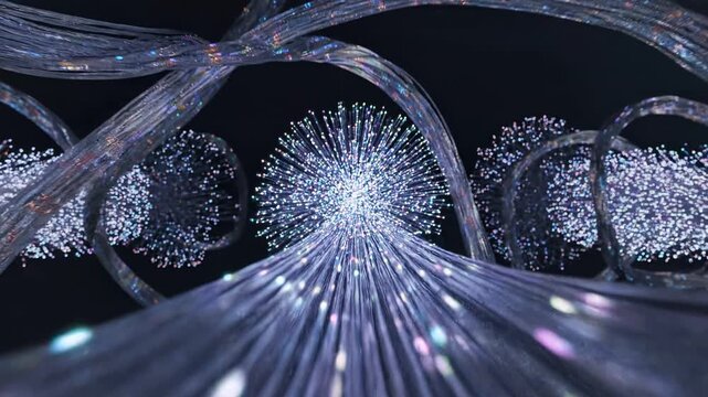 Glowing fiber optic cables in motion smooth tracking shot 4k video