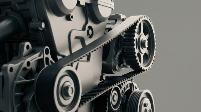 Close-up view of automotive engine timing belt system with precision gears and pulleys in modern mechanical assembly with shallow depth of field and neutral lighting
