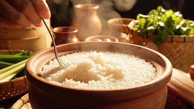 Steaming hot rice being fluffed with fork and spoon 4k video