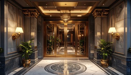 Obraz premium Luxurious Hotel Lobby Entrance with Marble and Gold Accents.