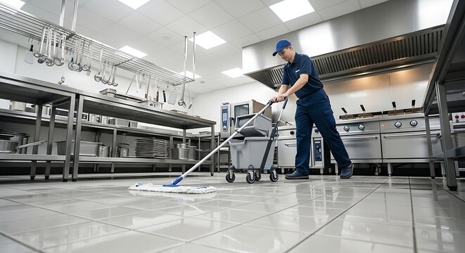 Professional cleaner mopping kitchen floor with equipment for hygiene