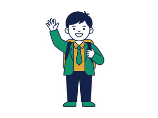 Obraz premium Young boy with a backpack, waving and smiling, illustration for school and education