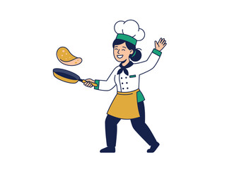 Naklejka premium Illustration of a happy female chef skillfully flipping a pancake in a kitchen with a professional apron and hat