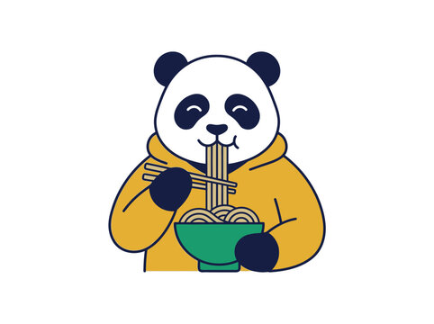 Charming illustration of a cute panda enjoying a bowl of noodles with chopsticks, a delightful and whimsical scene