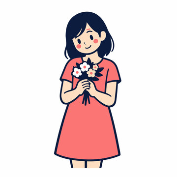 A sweet young girl in a pink dress holds a bouquet of flowers, her cheeks flushed with a gentle smile