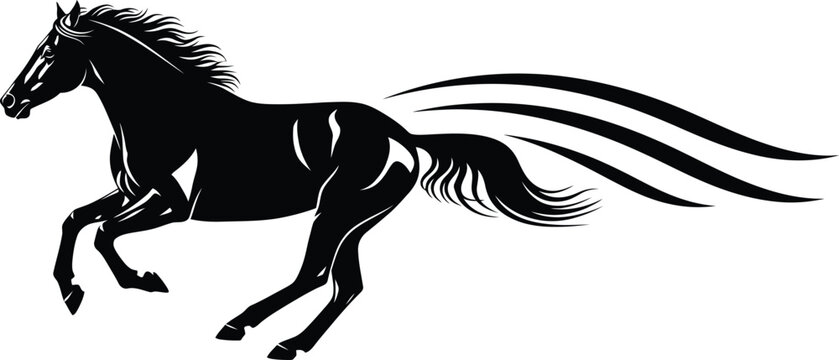 Black silhouette of a galloping horse with flowing mane and tail on a white background
