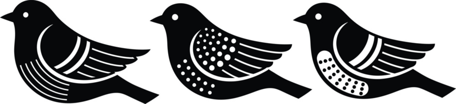 Three black silhouette birds with stylized wings and patterned bodies on white background