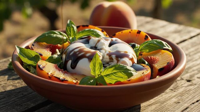 Grilled peach burrata salad with basil and balsamic glaze on wooden table 4k video