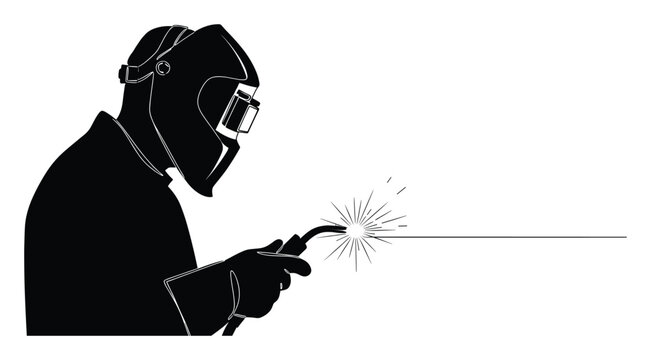 Skilled worker with welding mask and torch creating bright sparks during metal fabrication for industry visuals