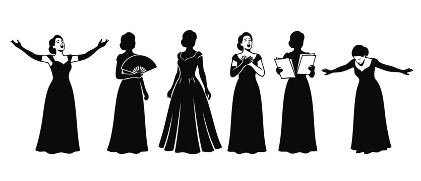 Opera singer silhouettes in gowns performing on stage, classical vocal artist poses, dramatic theater actress gestures, set of musical performance vector icons isolated on a white background for desig