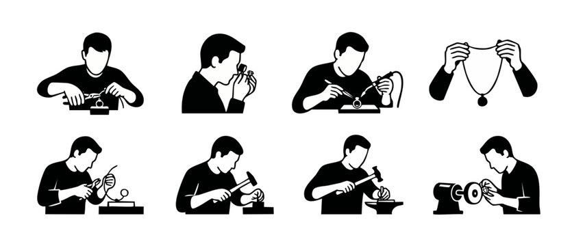 Jeweler Working Icons Set, Professional Goldsmith Crafting Jewelry Pieces, Repairing Rings, Setting Gemstones and Polishing Accessories. Collection of Craftsmanship Manual Processes and Metalworking S