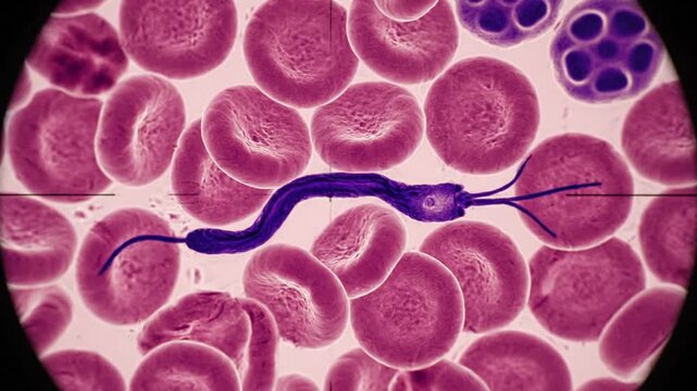 A microscopic image showing a purple parasite within a field of pinkish-red blood cells