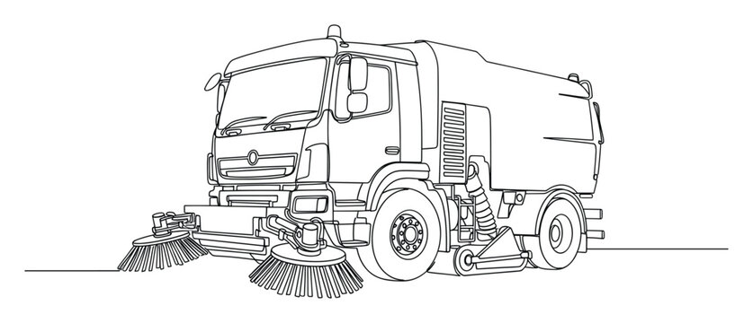Continuous line drawing of a street sweeper truck for urban maintenance or public works service publications.