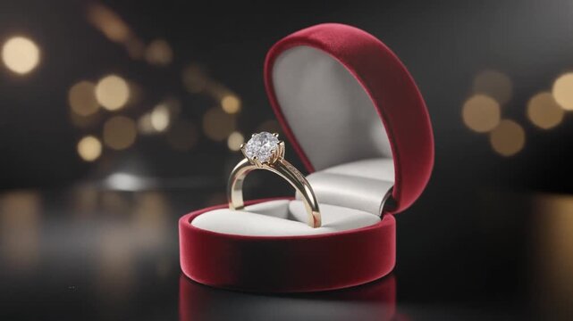 Cinematic Slow Motion Close-up of Luxury Velvet Jewelry Box Opening to Reveal Sparkling Diamond Ring, Proposal Concept
