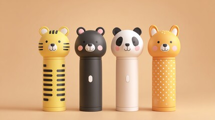 Fototapeta premium A group of colorful animal shaped toothbrushes for kids on a beige background
