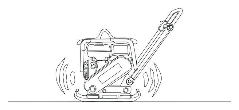 Detailed continuous line drawing of a vibratory plate compactor used for construction and landscaping ground preparation.