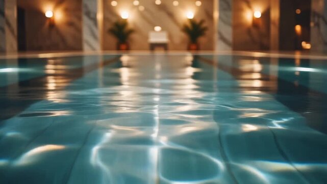 Cinematic Slow Motion Shot of Light Reflections Shimmering on Luxury Indoor Swimming Pool Surface, Resort Spa Concept