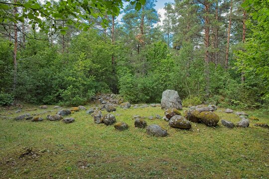 M&auml;la kalmed (M&auml;la burial site), an ancient archaeological site located in the village of M&auml;la on the Estonian island of Muhu, Estonia, Europe.