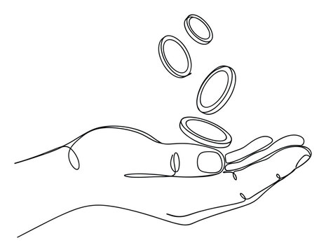 Continuous line drawing of a human hand catching falling coins, perfect for symbolizing finance, savings, and income concepts.