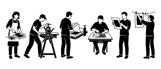 Printmaking process steps vector illustration, artists creating art prints with etching press and carving tools, workshop production sequence set in black and white minimalist graphic style on white b © Fernando