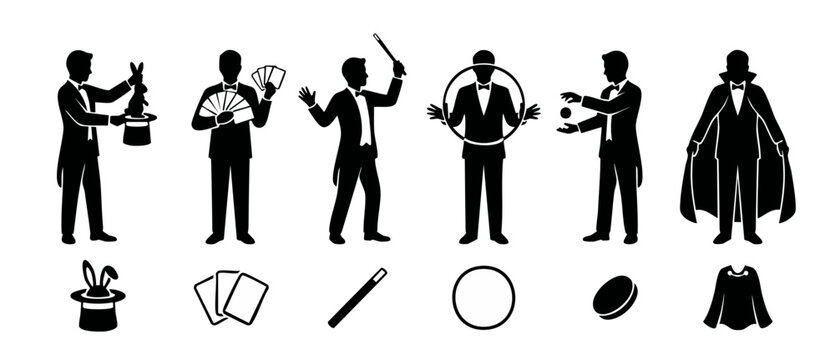Magician silhouette icon set performing magic tricks with rabbit hat cards wand hoop and cape, professional illusionist character poses, vector illustration isolated on white background for entertainm