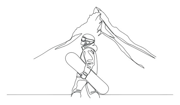 Dynamic continuous line drawing of a snowboarder carrying board with majestic mountain peak for winter sports