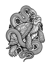 Fototapeta premium Black Tortoise (Xuanwu) tattoo combined with snake, protective deity symbol, intricate pattern detail, black and white illustration, white background
