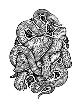 Black Tortoise (Xuanwu) tattoo combined with snake, protective deity symbol, intricate pattern detail, black and white illustration, white background