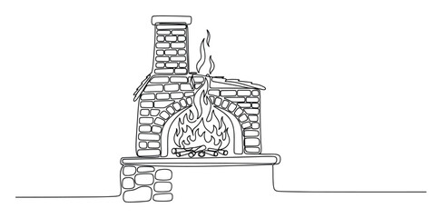Naklejka premium Continuous line drawing of a cozy brick fireplace with flames for warmth and comfort applications